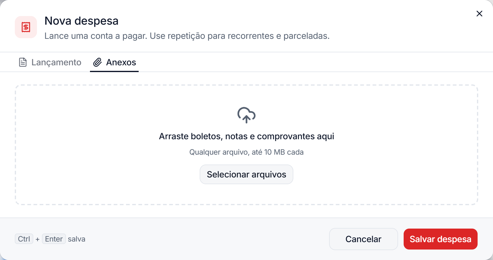 Aba Anexos da despesa com a área para arrastar boletos, notas e comprovantes