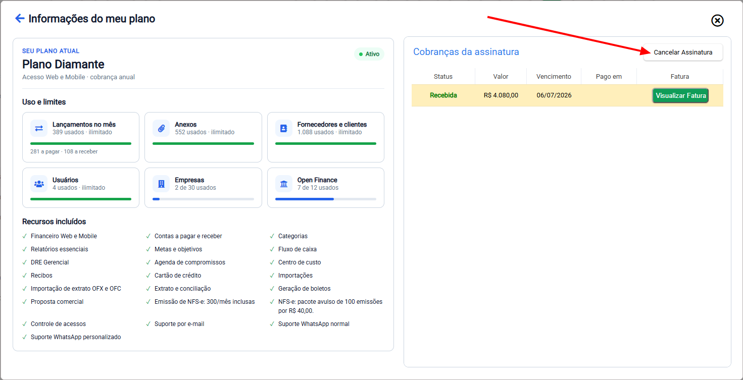 Tela Informações do meu plano com o resumo de uso, as cobranças e o botão Cancelar Assinatura destacado