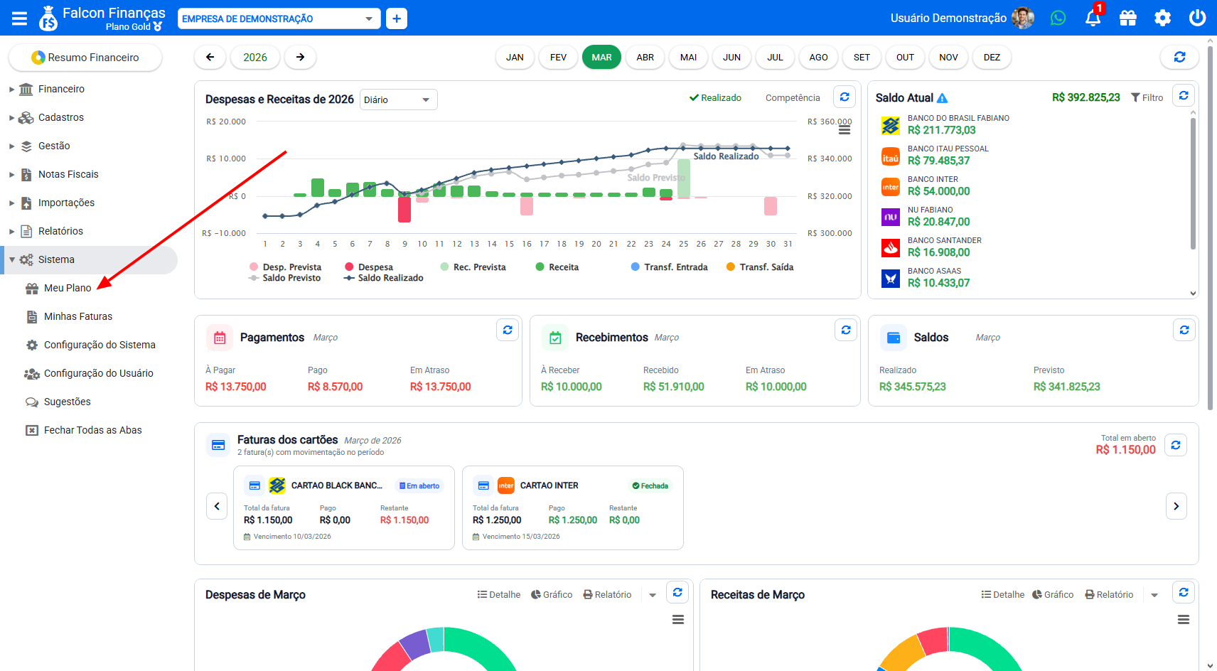 Menu Sistema do Falcon Finanças com a opção Meu Plano destacada