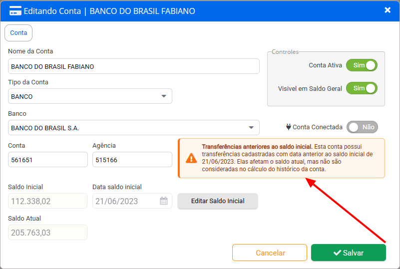 Edição de uma conta exibindo o alerta de transferências anteriores ao saldo inicial