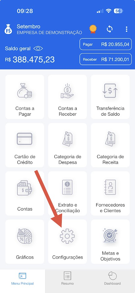 Menu principal do aplicativo com uma seta indicando a opção Configurações