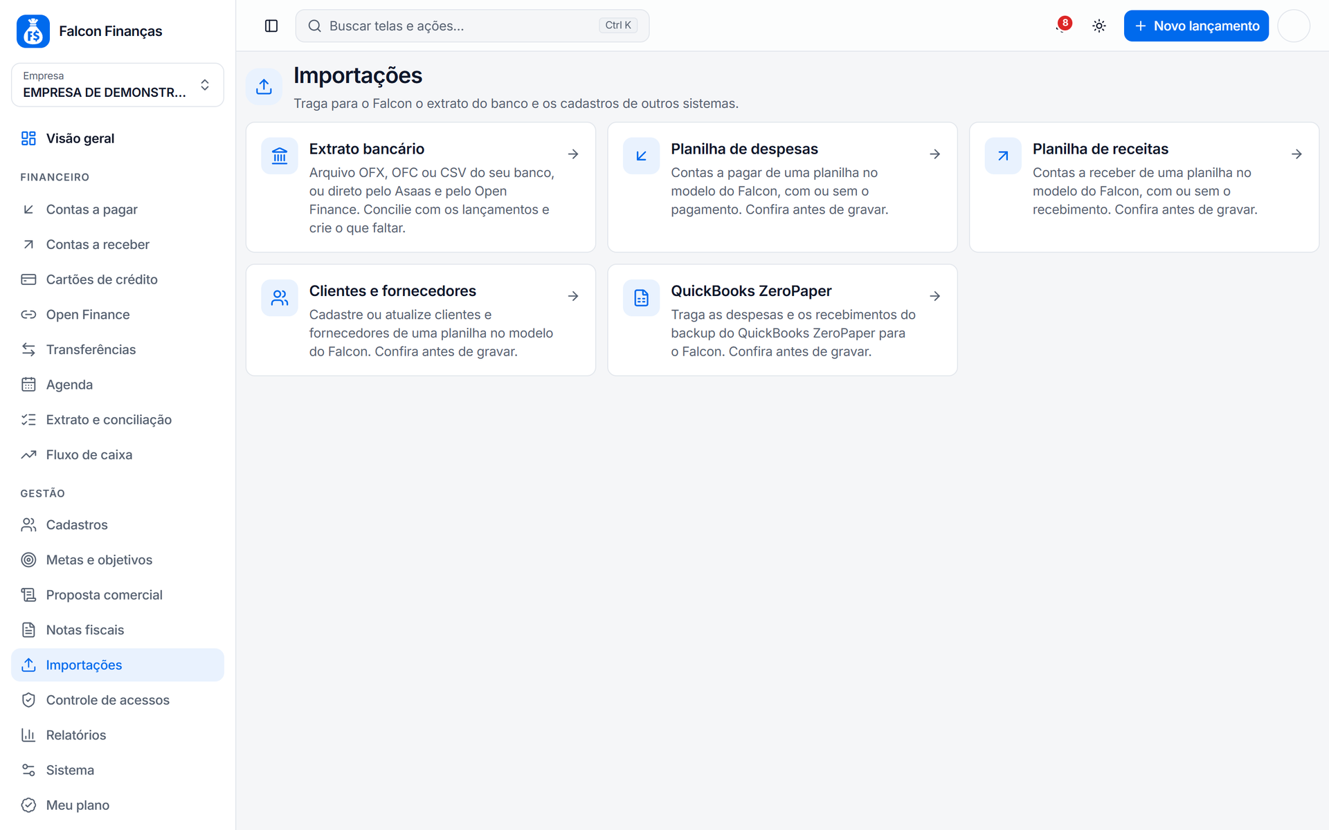 Tela Importações com os cartões Extrato bancário, Planilha de despesas, Planilha de receitas, Clientes e fornecedores e QuickBooks ZeroPaper