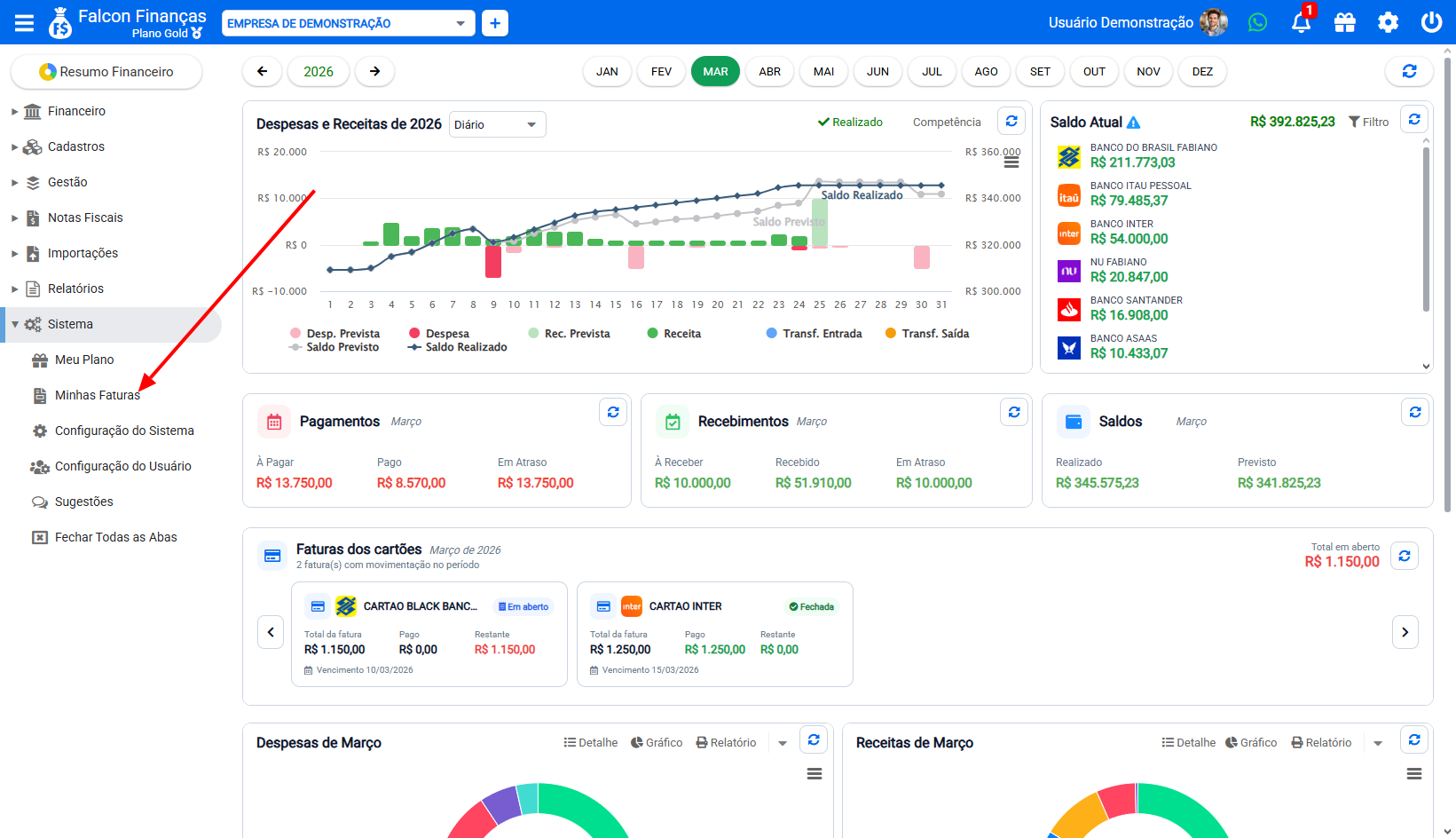Menu Sistema do Falcon Finanças com a opção Minhas Faturas destacada