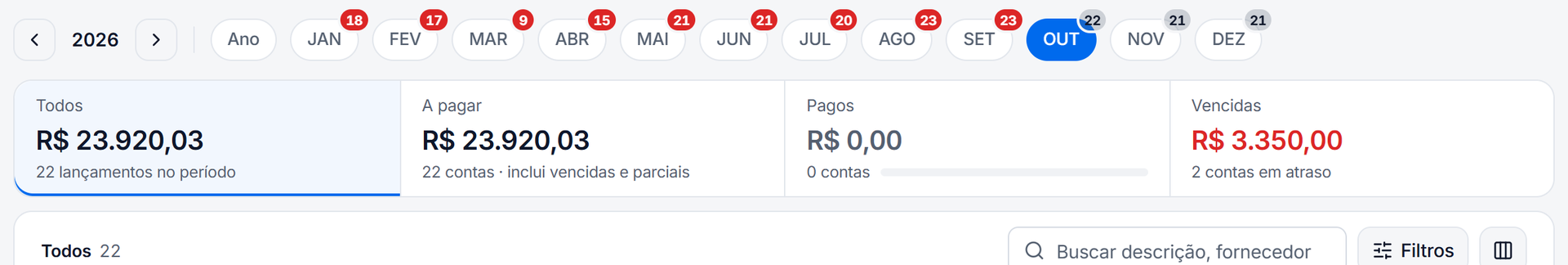Seletor de meses e os totais Todos, A pagar, Pagos e Vencidas, que também filtram a lista
