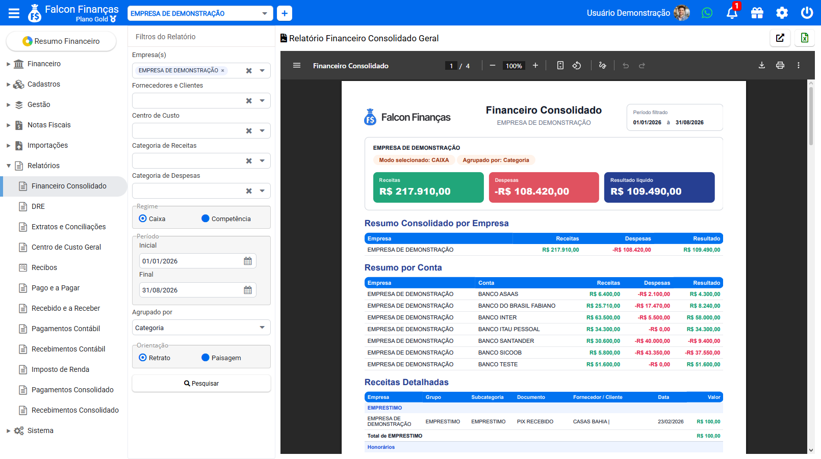 Tela do Relatório Financeiro Consolidado com filtros e resultado do período