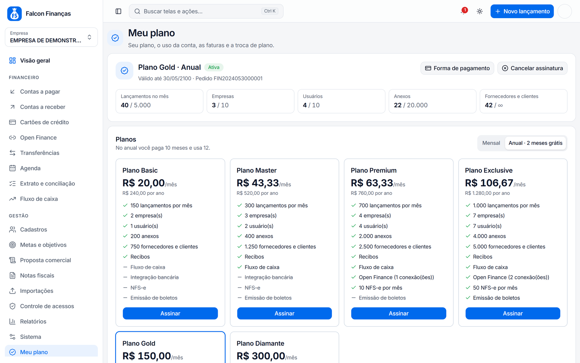 Tela Meu plano com o plano atual, o uso da conta e os planos disponíveis
