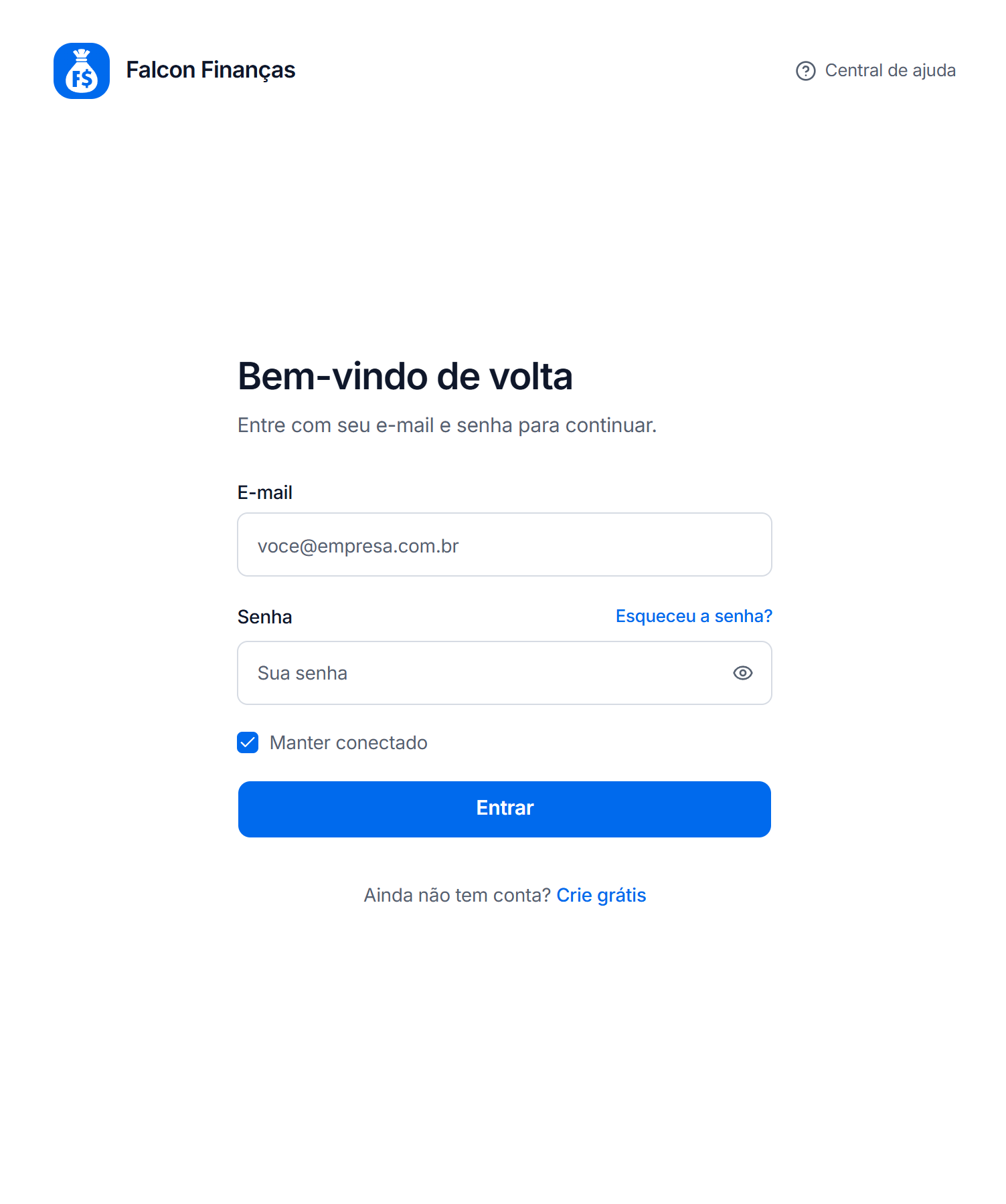 Tela de login do Falcon Finanças 3.0
