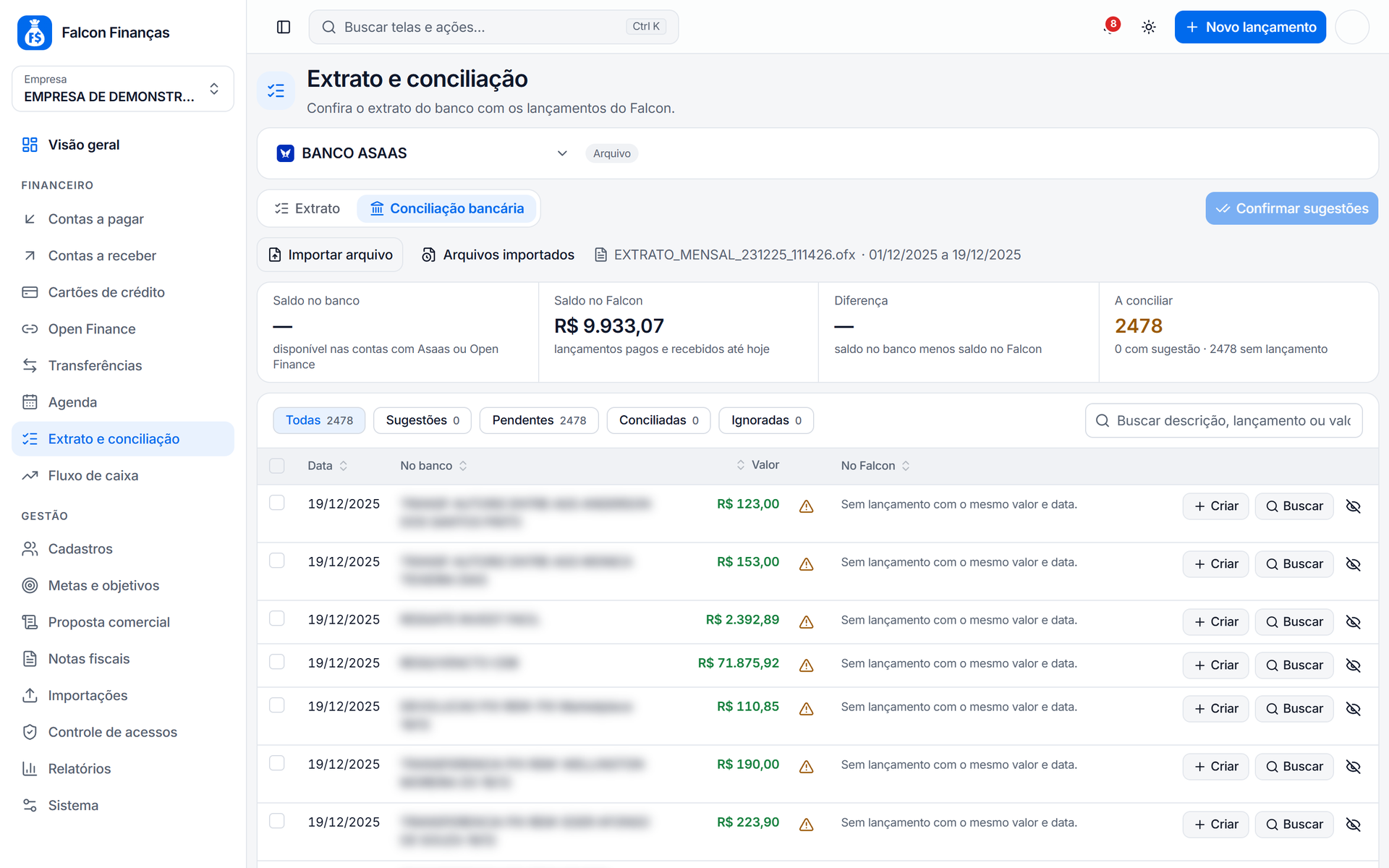 Barra da conta e do período acima das abas e a Conciliação bancária de uma conta por arquivo, com os totais e as linhas do extrato com os botões Criar e Buscar