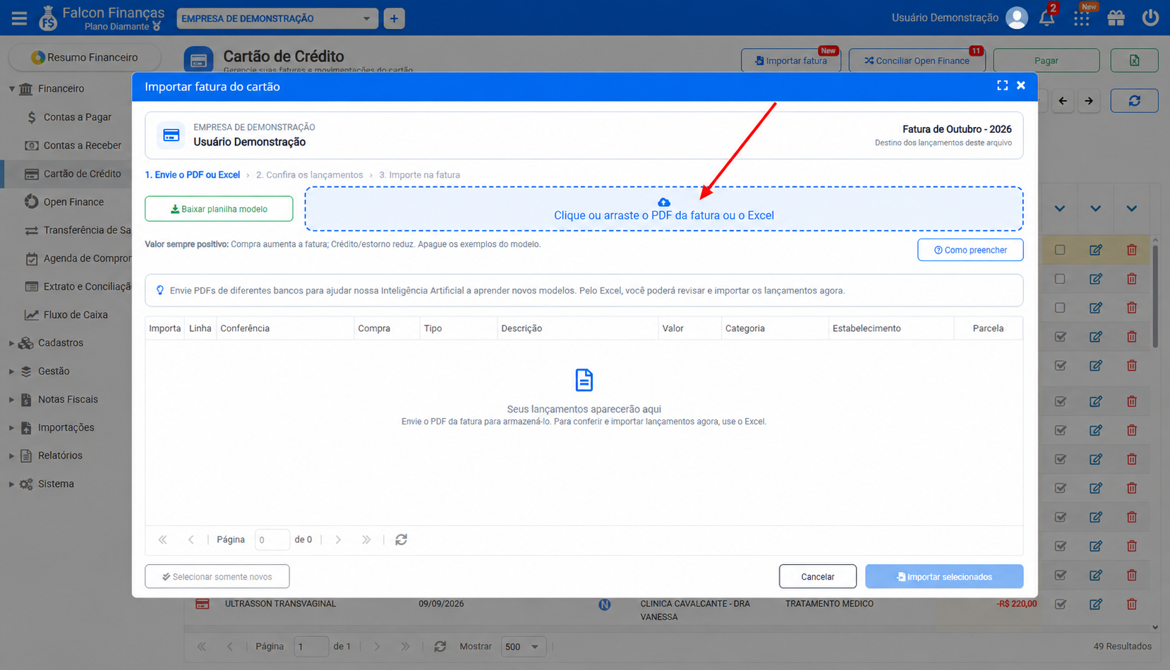 Janela Importar fatura do cartão com a área de envio de PDF ou Excel destacada