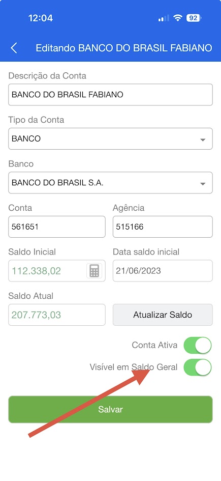 Cadastro de conta no celular com a opção Visível em Saldo Geral marcada