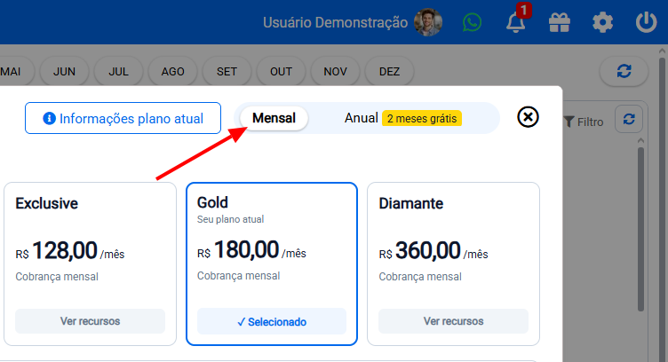 Seletor de periodicidade Mensal e Anual na tela Meu Plano