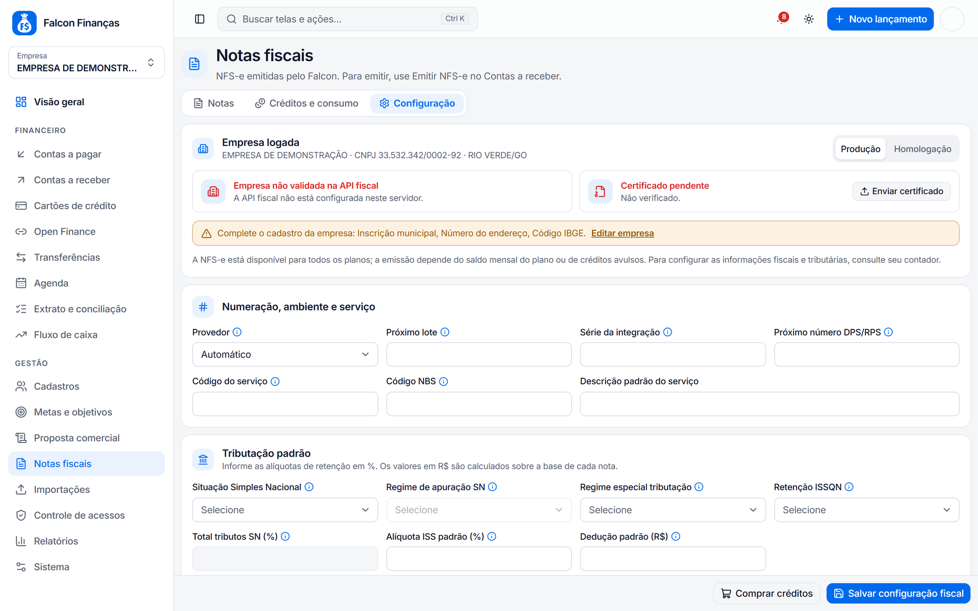 Aba Configuração da NFS-e com a situação da empresa na API fiscal, o certificado, a numeração e a tributação padrão