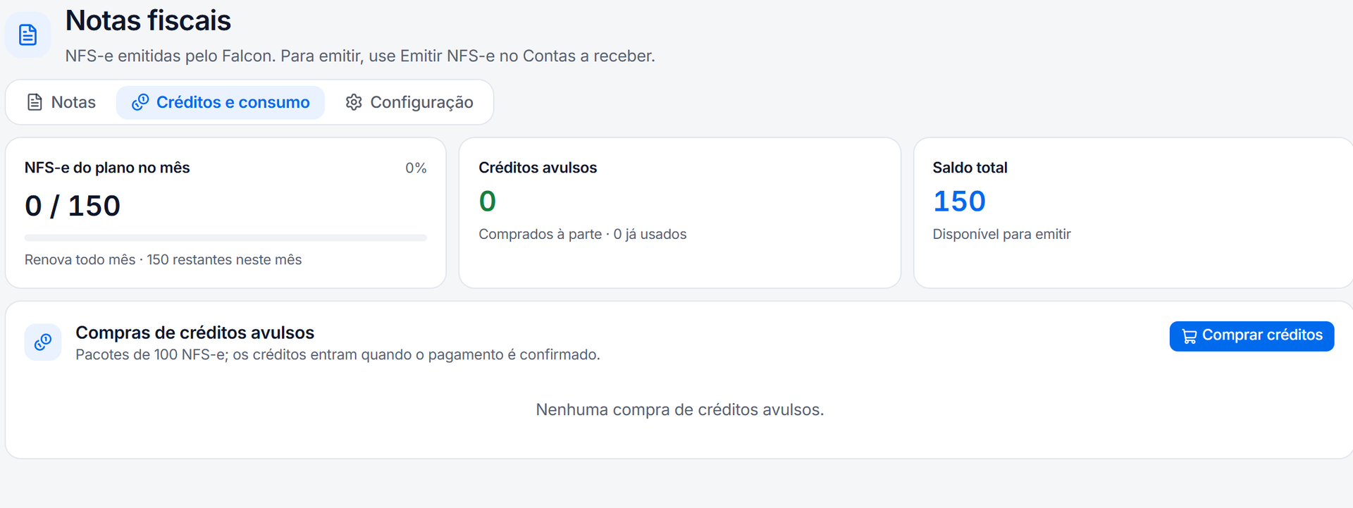 Aba Créditos e consumo com as NFS-e do plano no mês, os créditos avulsos, o saldo total e o botão Comprar créditos