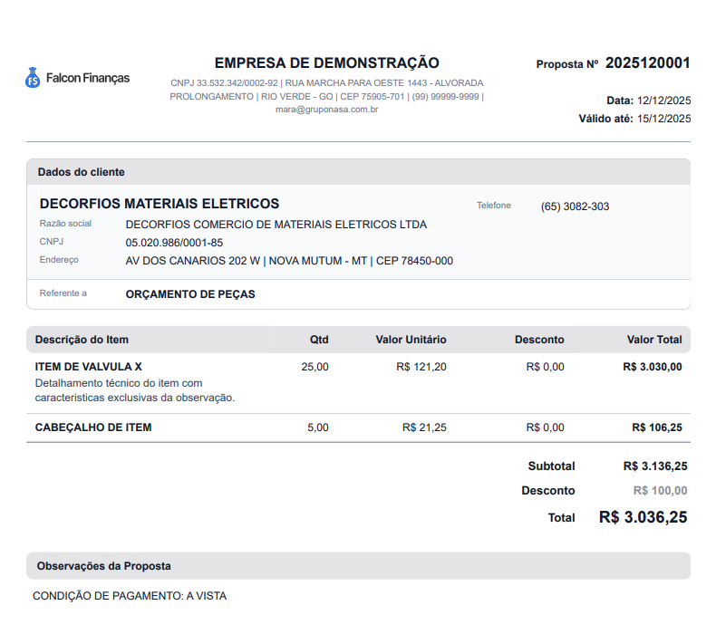 Exemplo atualizado de proposta comercial em PDF com detalhes e valores dos itens