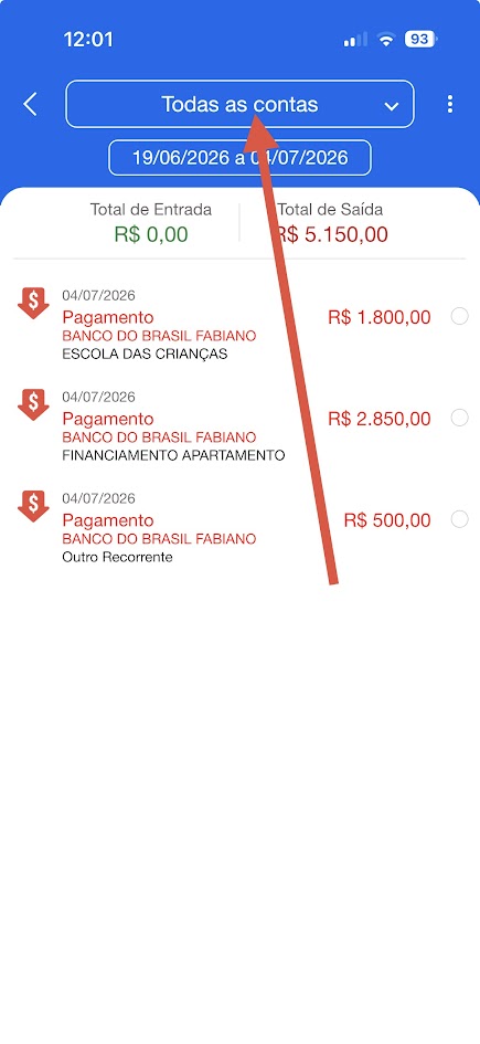 Tela de Extrato e Conciliação no celular mostrando Todas as contas selecionadas
