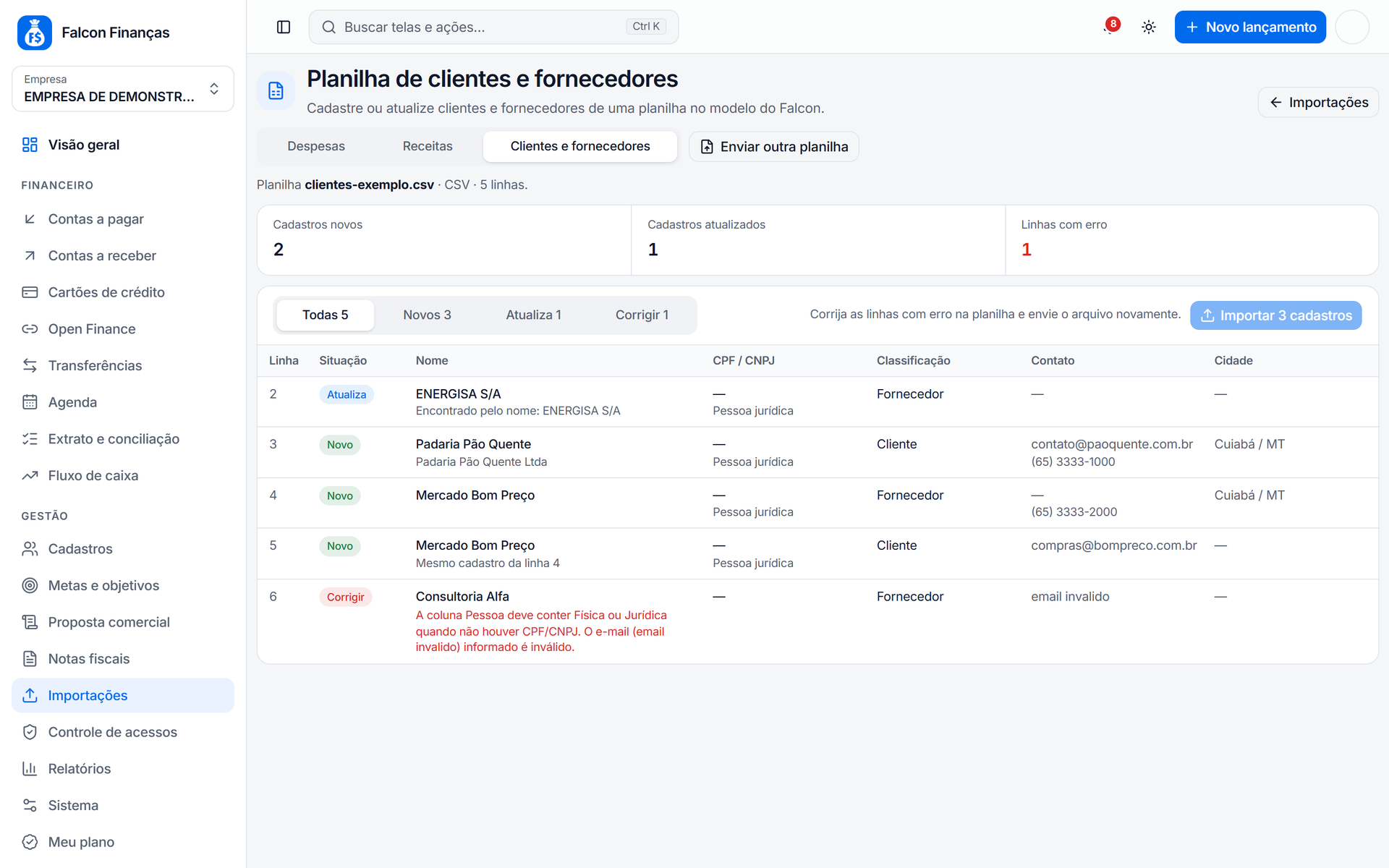 Conferência da planilha de clientes e fornecedores com as linhas novas, a atualizar e com erro
