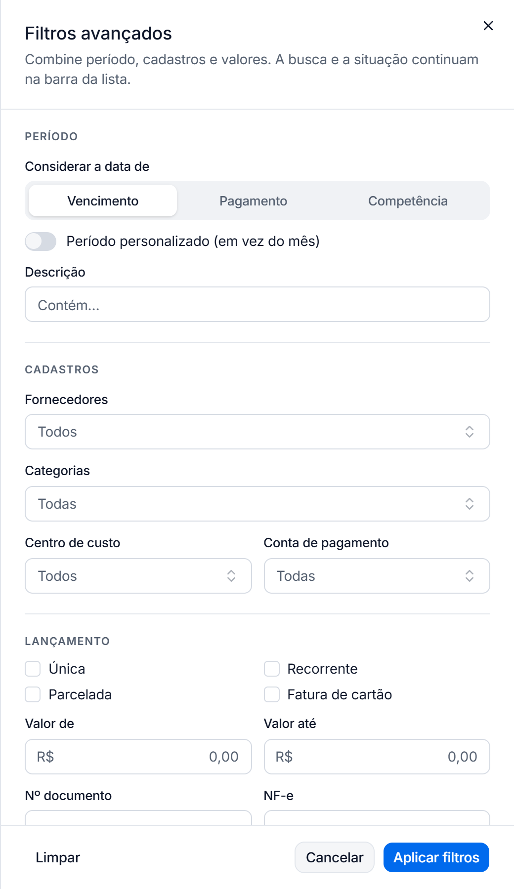 Painel de filtros avançados do Contas a pagar