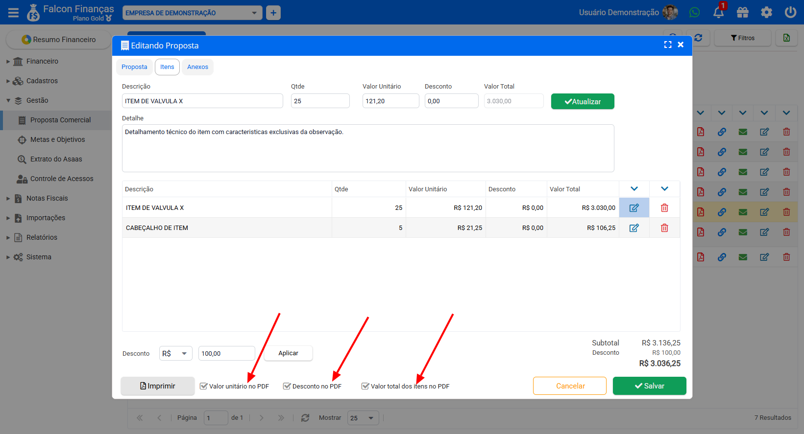 Edição dos itens e opções Valor unitário, Desconto e Valor total dos itens no PDF