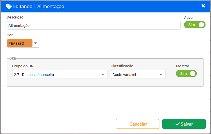 Edição de categoria com grupo DRE e classificação