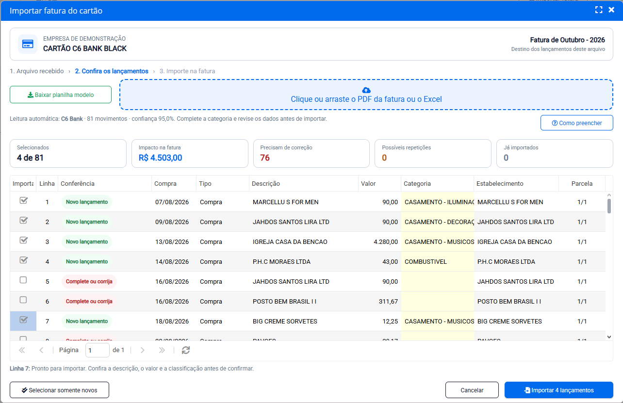 Janela Importar fatura com os lançamentos extraídos do PDF para conferência