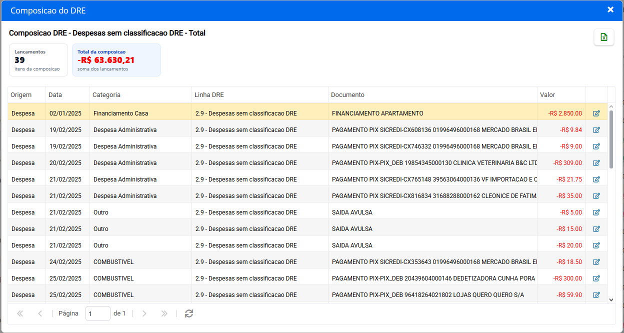 Composição do DRE com exportação para Excel