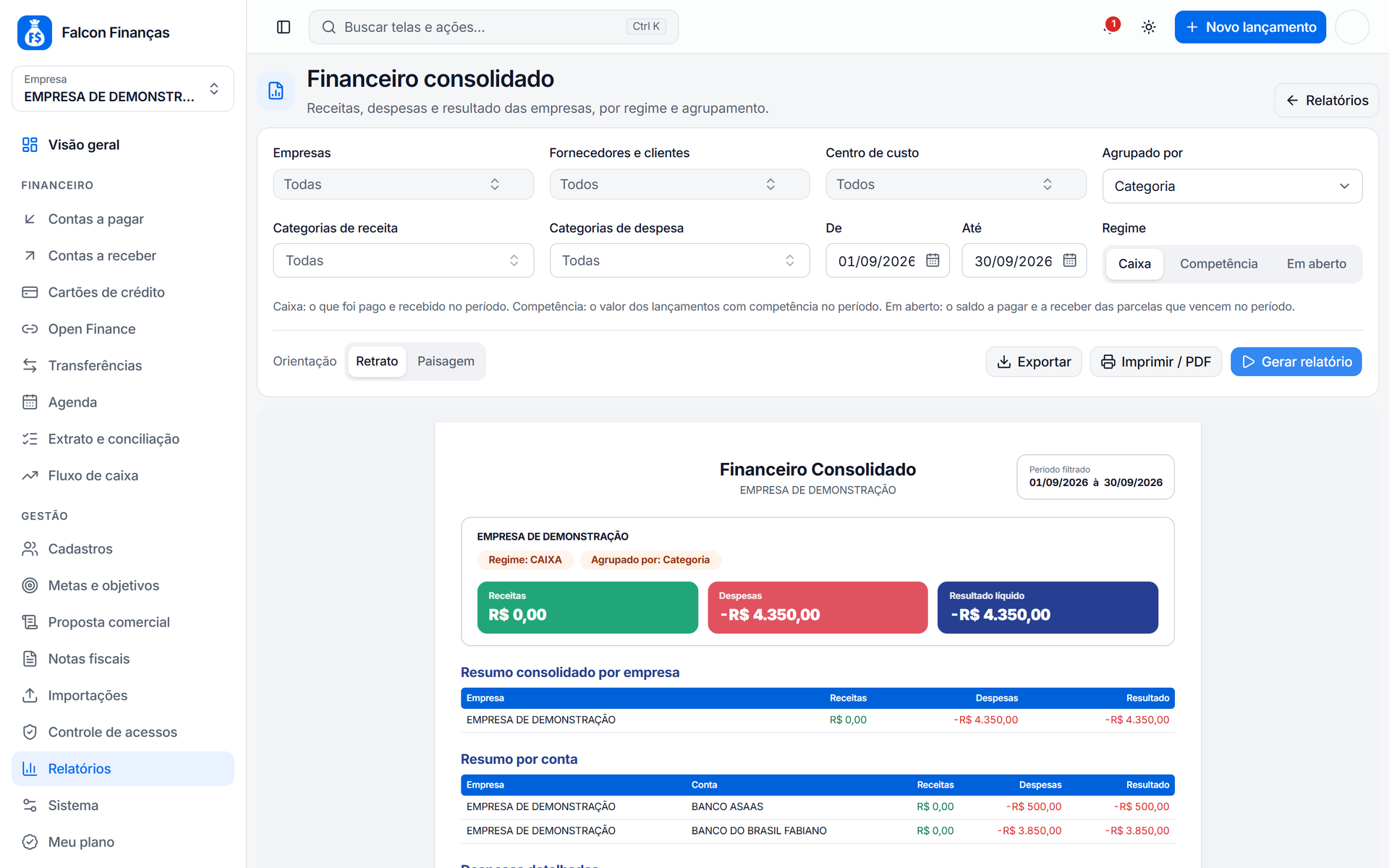 Relatório Financeiro consolidado com os filtros no topo e a folha gerada abaixo