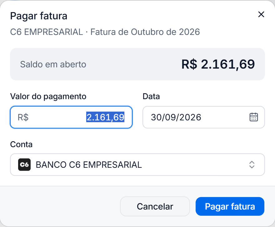 Janela Pagar fatura com saldo em aberto, valor do pagamento, data e conta