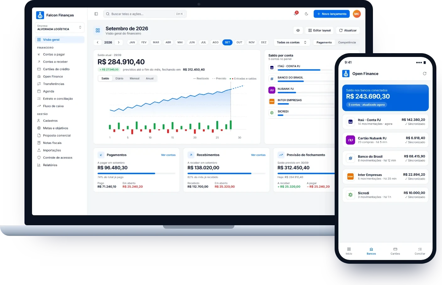 Falcon Finanças no computador, com a Visão geral do mês, e no celular, com os bancos conectados pelo Open Finance