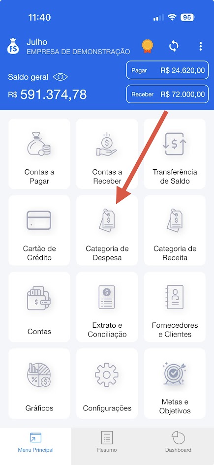 Menu principal do aplicativo Falcon Finanças com a opção Extrato e Conciliação