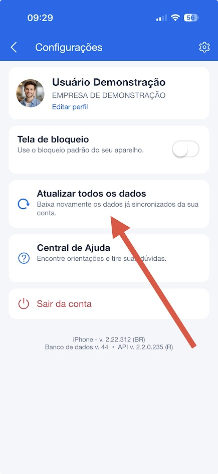 Tela Configurações com uma seta indicando a opção Atualizar todos os dados