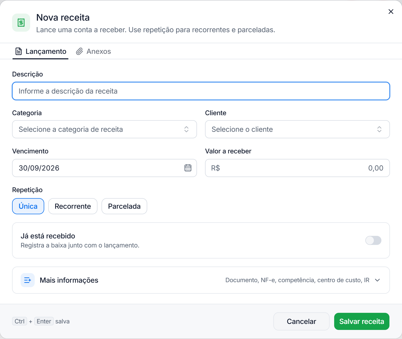 Janela de nova receita com descrição, categoria, cliente, vencimento, valor e repetição