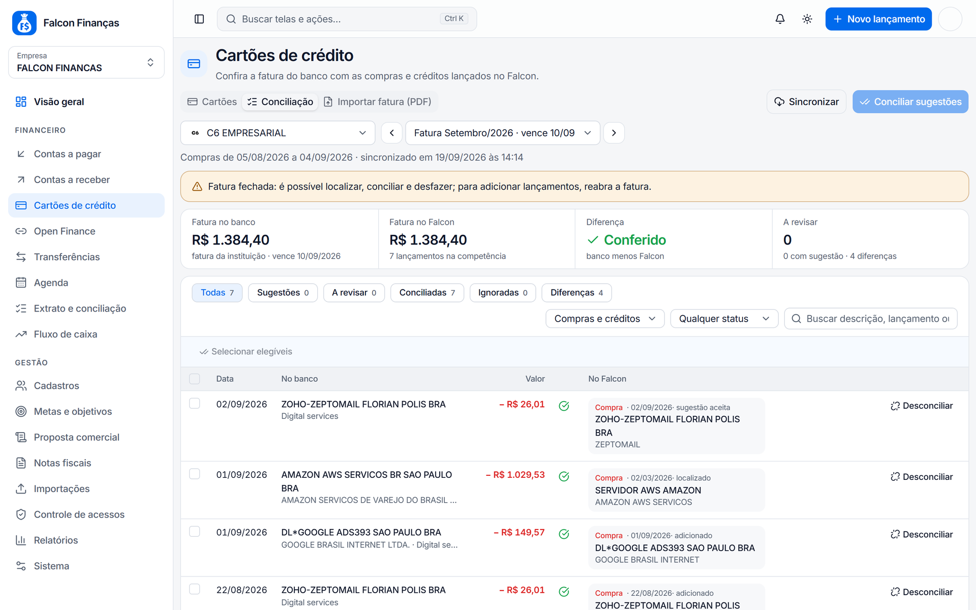 Conferência da fatura do banco com os lançamentos do Falcon