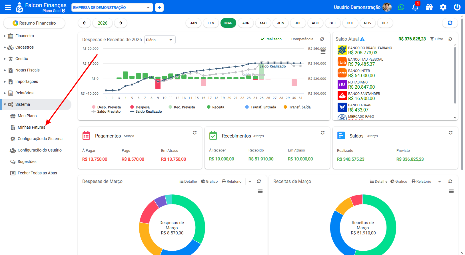 Menu Sistema do Falcon Finanças com a opção Minhas Faturas destacada
