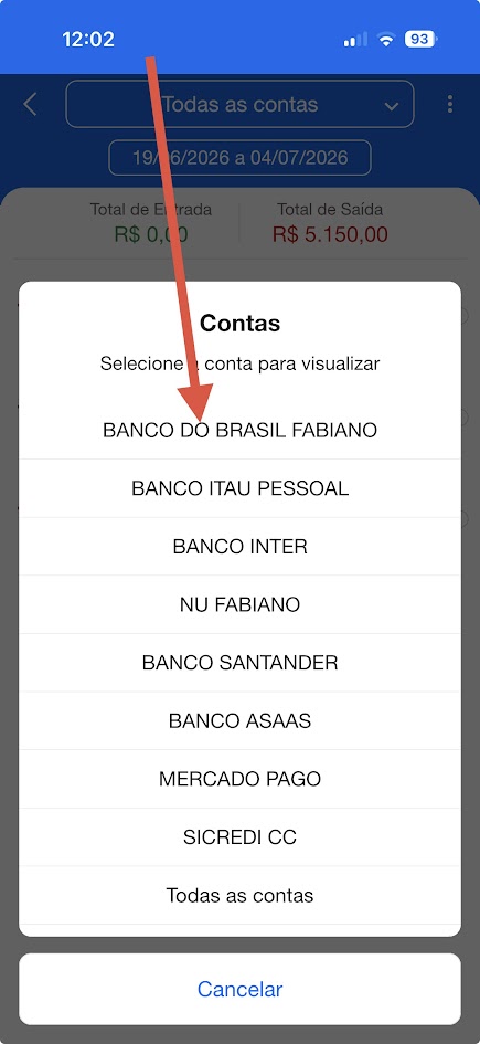 Lista de contas disponíveis para seleção no extrato mobile