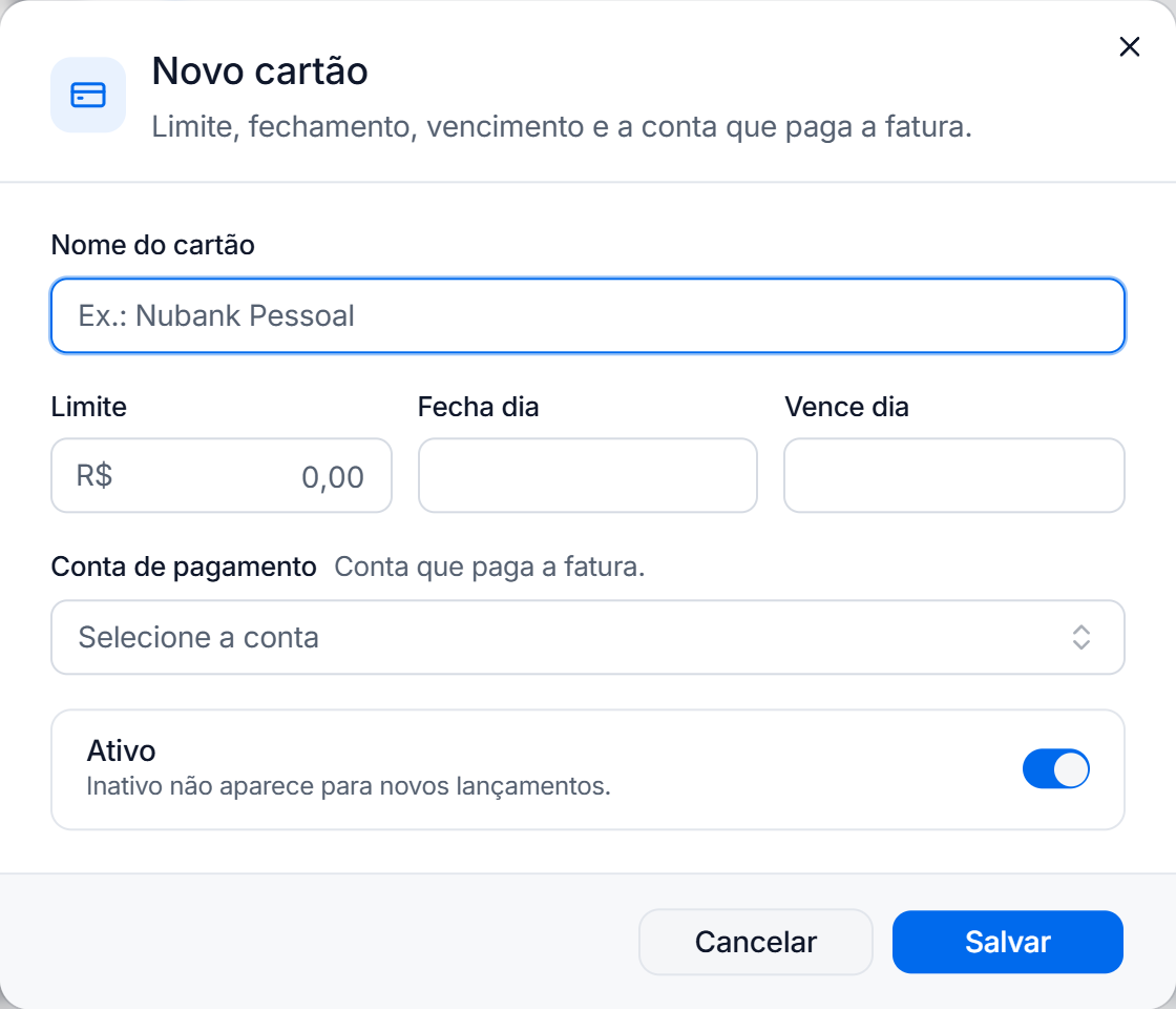 Janela Novo cartão com nome, limite, fecha dia, vence dia, conta de pagamento e ativo