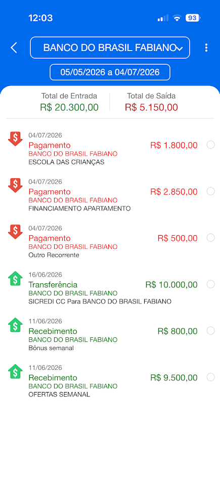 Extrato mobile filtrado pela conta Banco do Brasil Fabiano