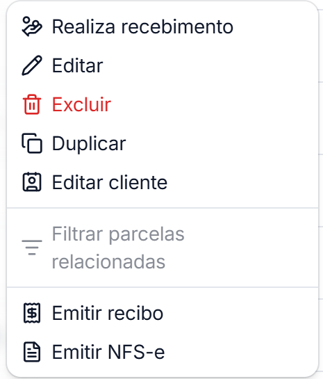 Menu da linha com Realiza recebimento, Editar, Excluir, Duplicar, Editar cliente, Filtrar parcelas relacionadas, Emitir recibo e Emitir NFS-e