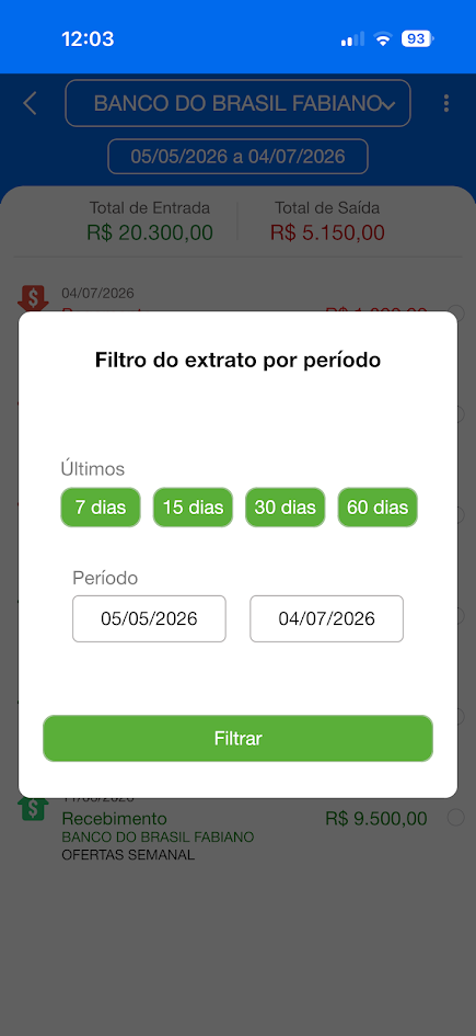 Filtro de extrato por período no aplicativo Falcon Finanças
