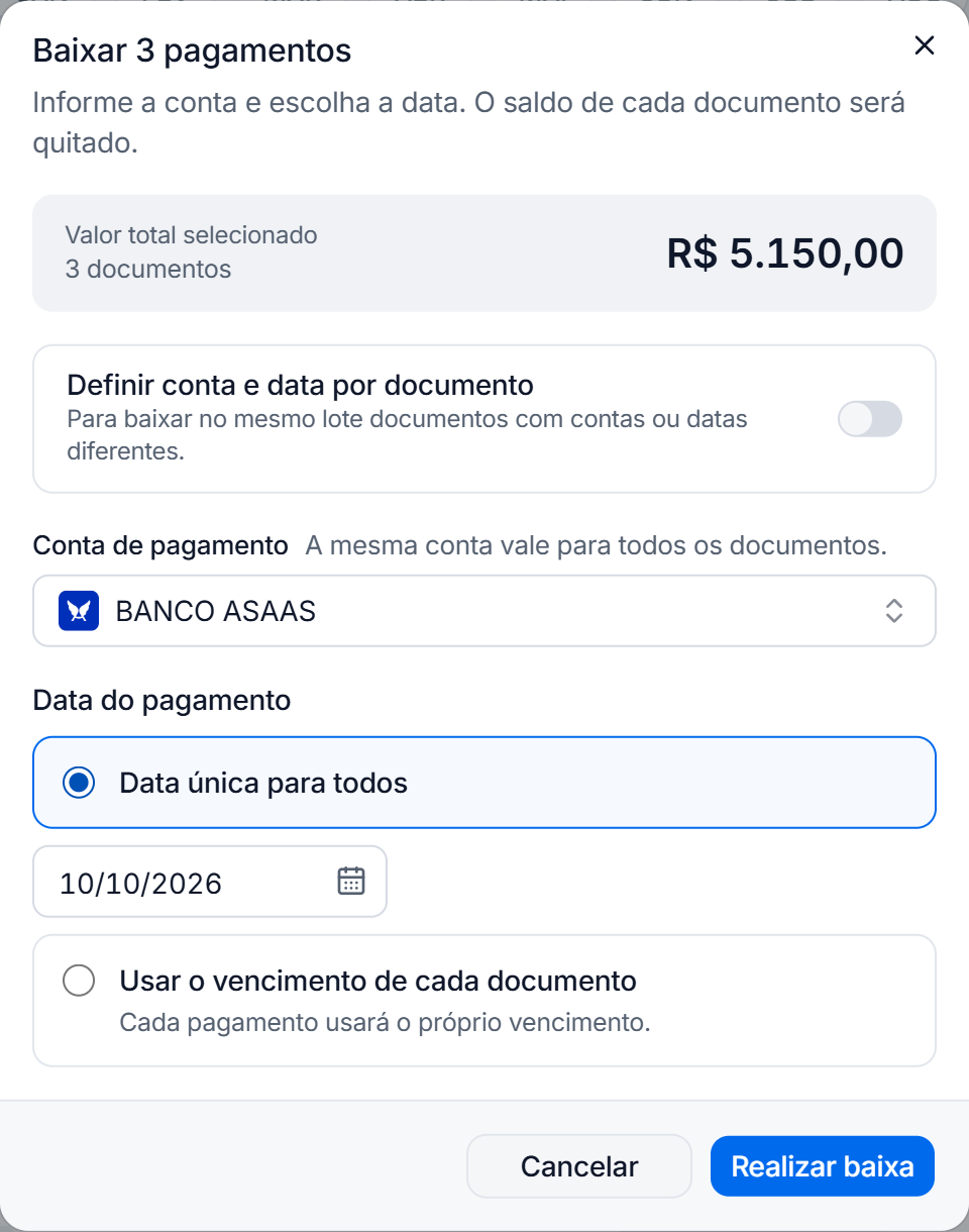 Janela Baixar pagamento com o valor selecionado, a conta de pagamento e a data