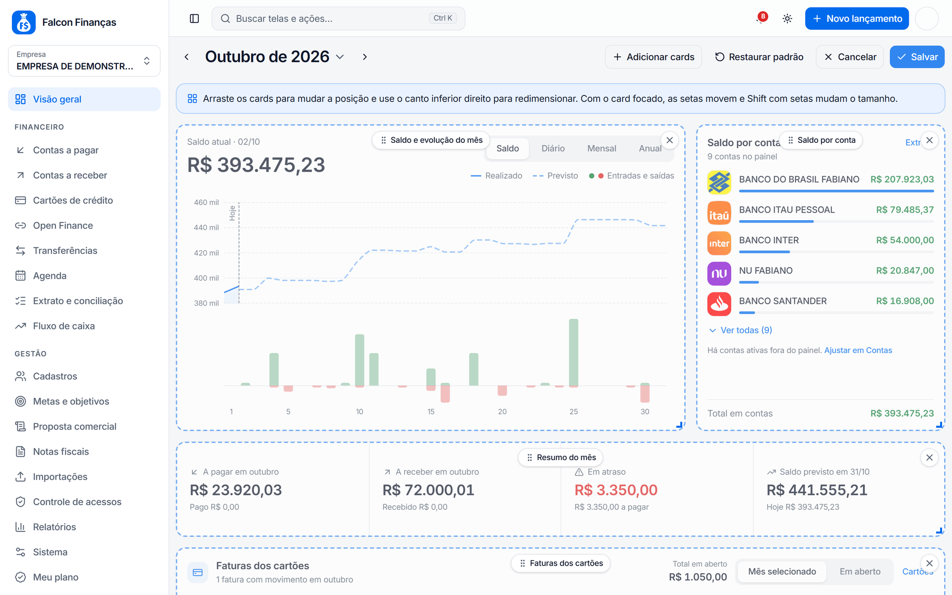 Visão geral no modo de edição com os botões Adicionar cards, Restaurar padrão, Cancelar e Salvar