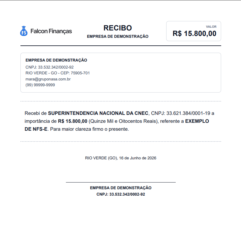 Exemplo de recibo gerado pelo Falcon Finanças