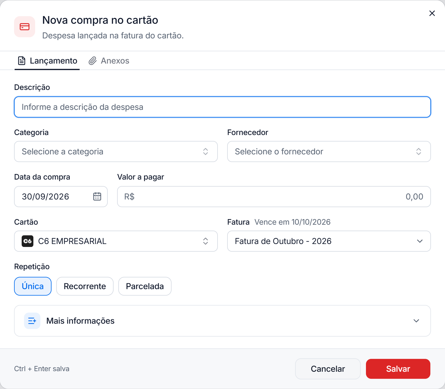 Janela Nova compra no cartão com descrição, categoria, fornecedor, data da compra, valor, cartão, fatura e repetição