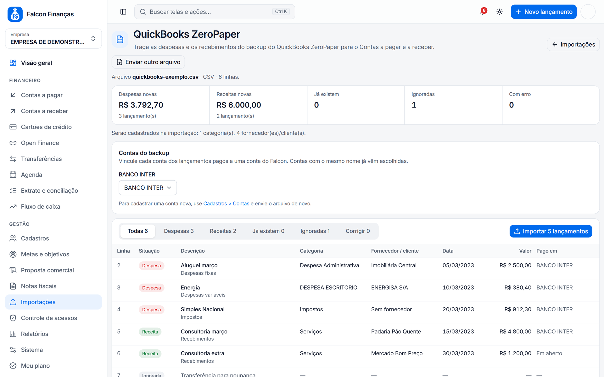 Conferência do backup do QuickBooks ZeroPaper com despesas, receitas, linha ignorada e o vínculo da conta