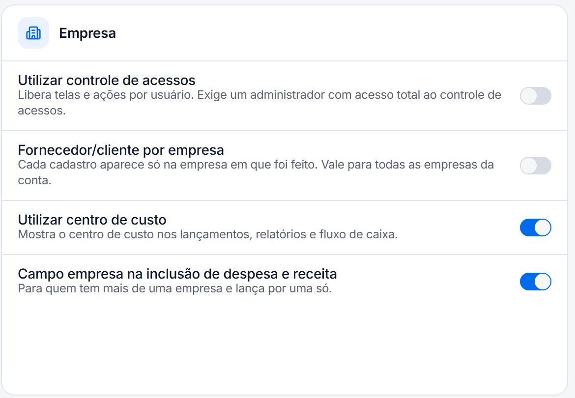 Bloco Empresa da tela Sistema com a opção Utilizar centro de custo
